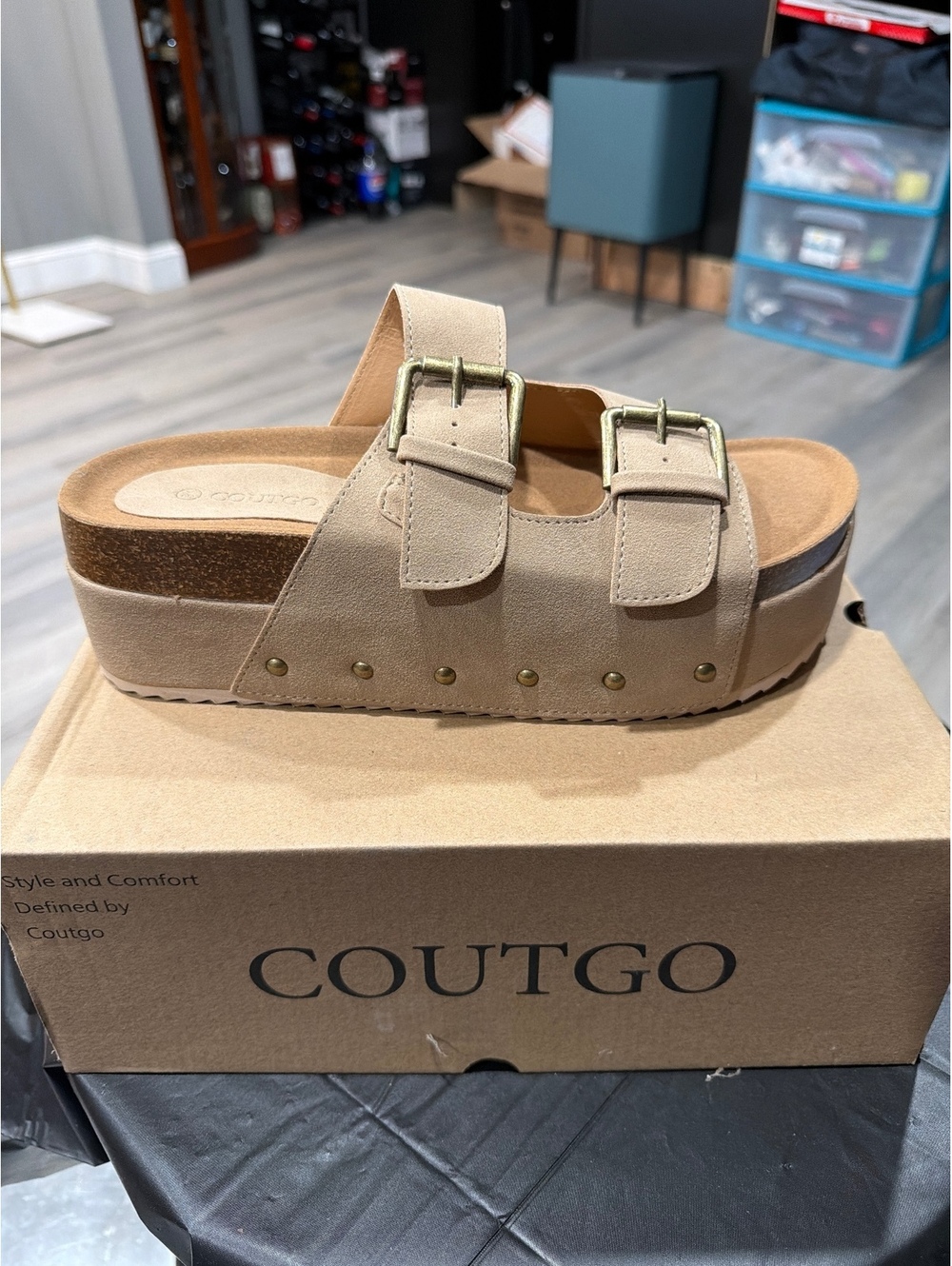 COUTGO Tan Double-Buckle Platform Slide Sandals
